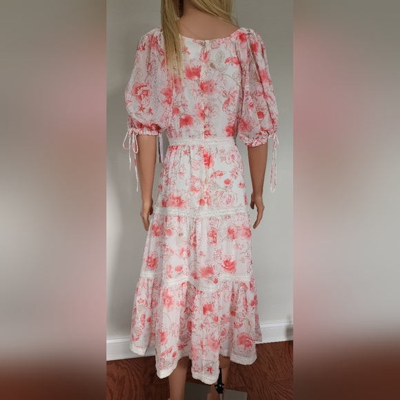 NWT RACHEL PARCELL PINK ROSE FLORAL TIERED BALLON SLEEVES MIDI DRESS 6 MEDIUM - Picture 12 of 14